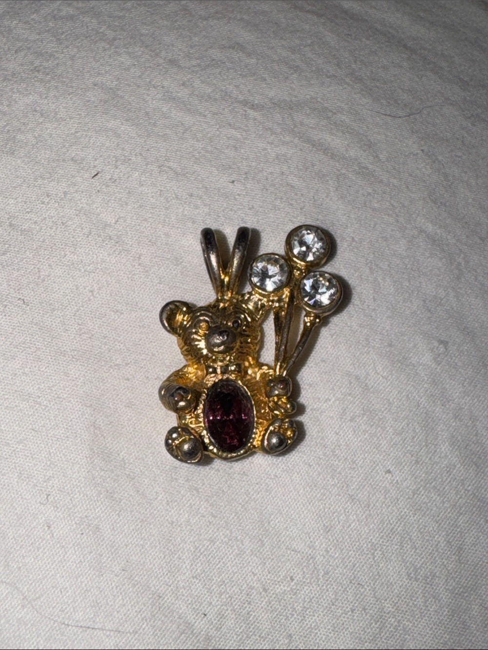 Gold-tone Teddy Bear Pendant with Purple and Clear Stones (needs chain)